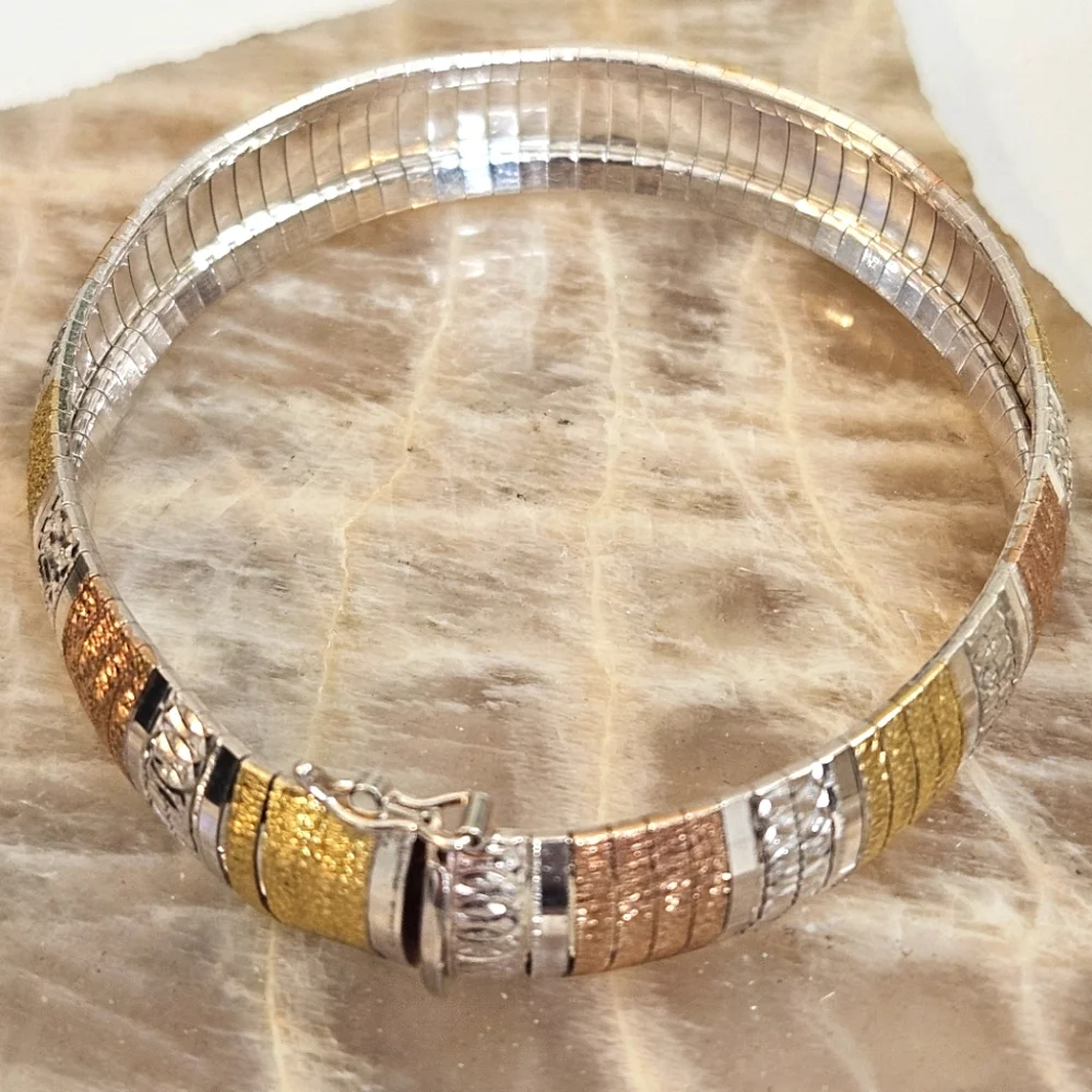 JCM Gold Over Sterling Silver Bracelet 3 Color Vermeil Omega Flex Bangle Italy